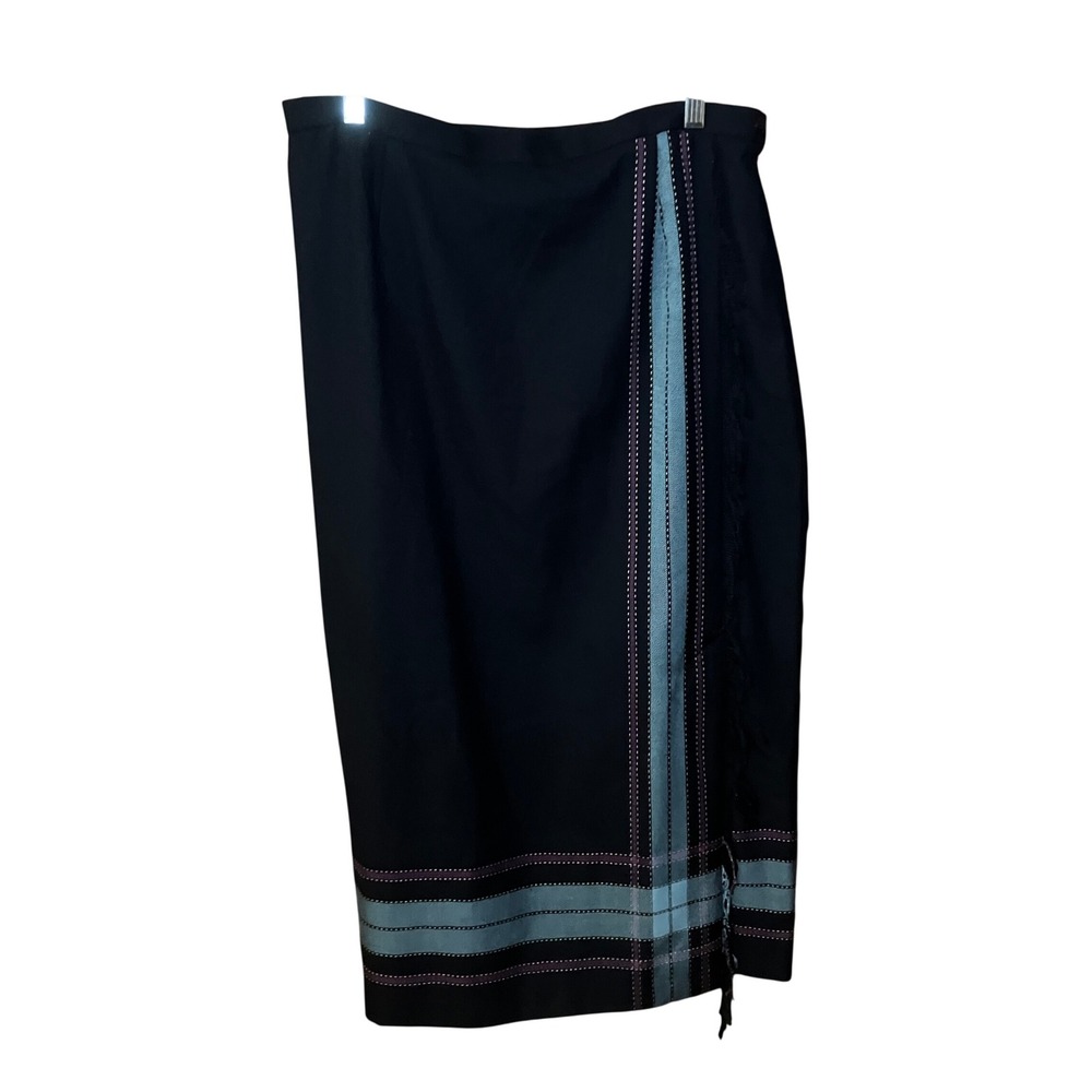 Straight Midi Skirt Women Size L Black Blue Distinctive Stripe Frayed Edges
